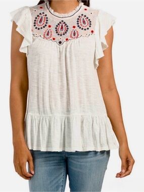 Lucky Brand White Embroidered Ruffle Yoke Blouse Sz Large